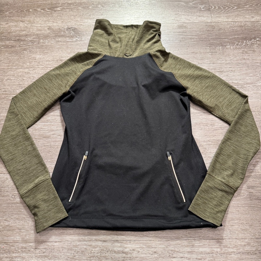 Abercrombie & Fitch Pullover Women S Black Green Polyester Funnel Neck Thumbhole